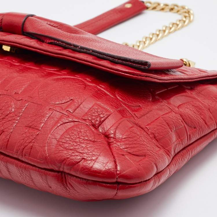 Pre Owned CH Carolina Herrera Red Monogram Embossed Leather Bow Shoulder Bag