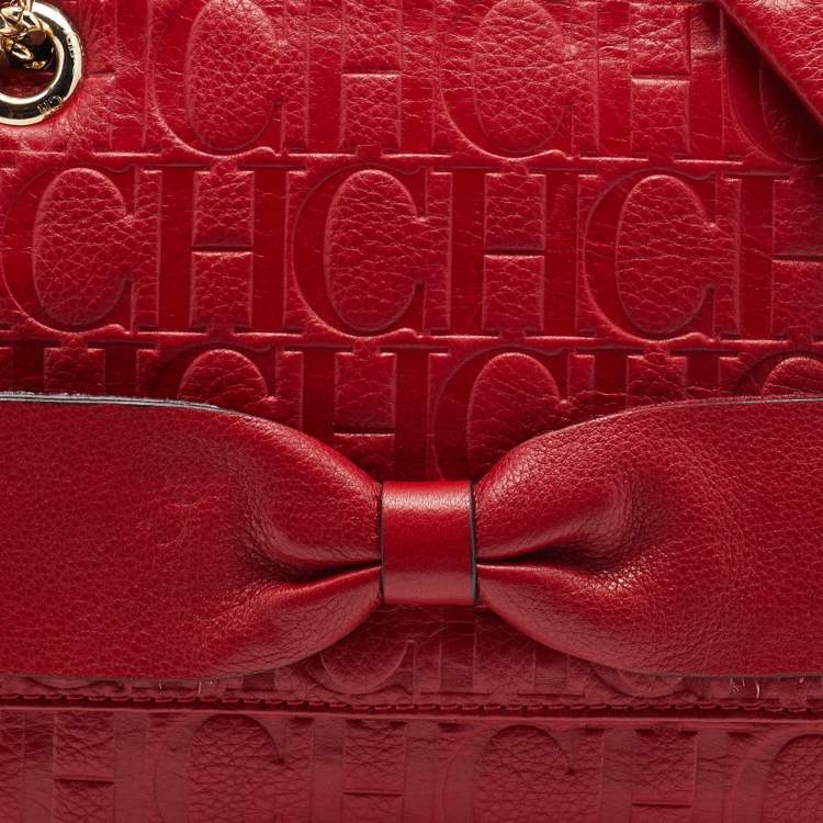 Pre Owned CH Carolina Herrera Red Monogram Embossed Leather Bow Shoulder Bag