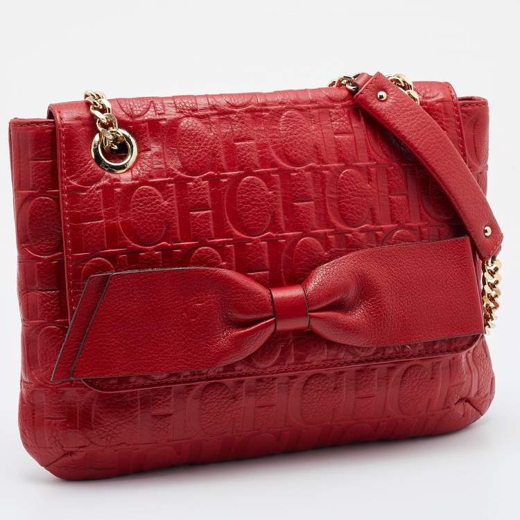 Pre Owned CH Carolina Herrera Red Monogram Embossed Leather Bow Shoulder Bag