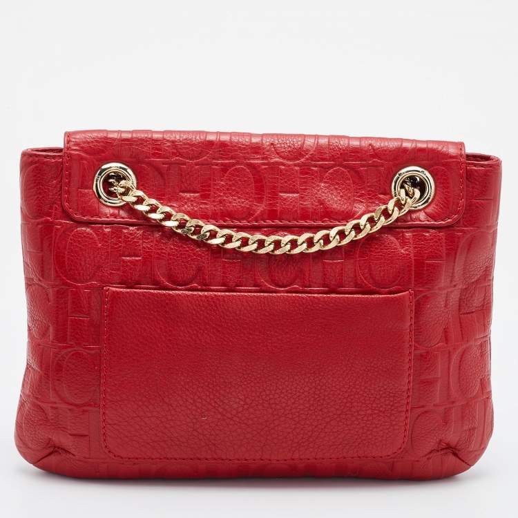 Pre Owned CH Carolina Herrera Red Monogram Embossed Leather Bow Shoulder Bag