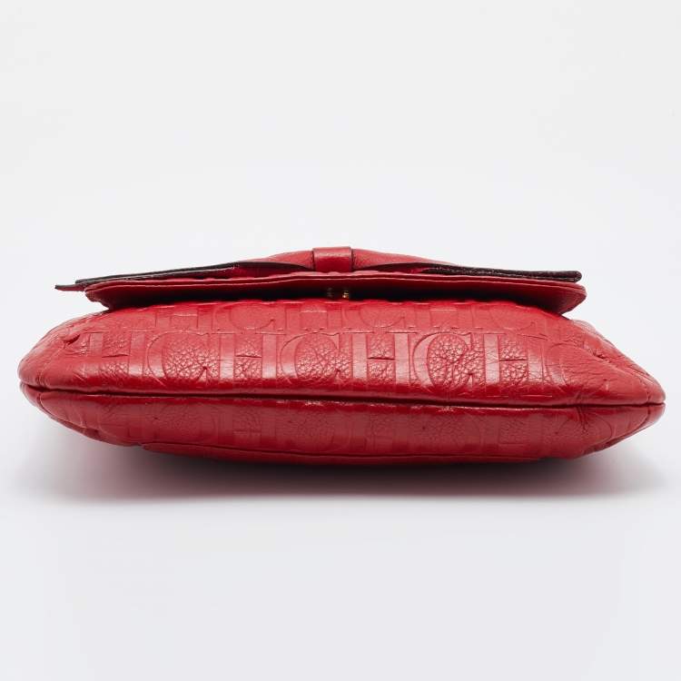 Pre Owned CH Carolina Herrera Red Monogram Embossed Leather Bow Shoulder Bag