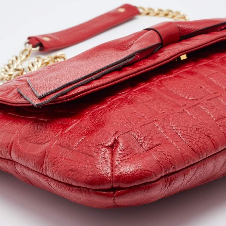 Pre Owned CH Carolina Herrera Red Monogram Embossed Leather Bow Shoulder Bag