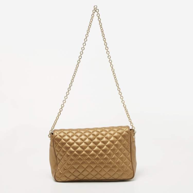 Pre Owned CH Carolina Herrera Metallic Gold Quilted Leather Chain Flap Shoulder Bag