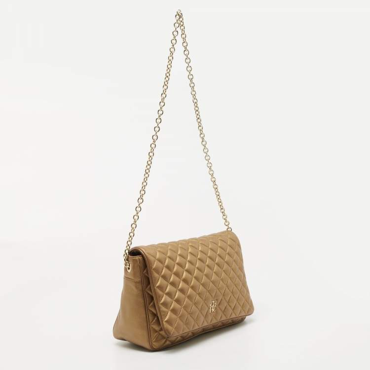 Pre Owned CH Carolina Herrera Metallic Gold Quilted Leather Chain Flap Shoulder Bag