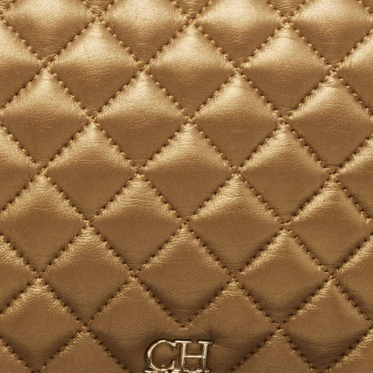 Pre Owned CH Carolina Herrera Metallic Gold Quilted Leather Chain Flap Shoulder Bag