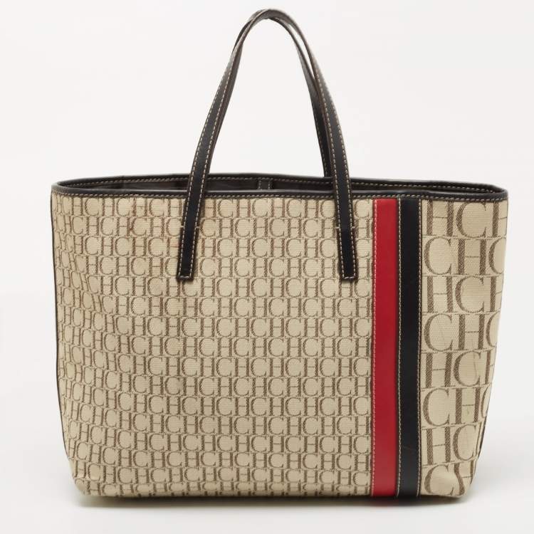 Pre Owned CH Carolina Herrera  Beige/Multicolor Canvas and Striped Leather Tote