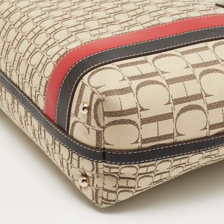 Pre Owned CH Carolina Herrera  Beige/Multicolor Canvas and Striped Leather Tote