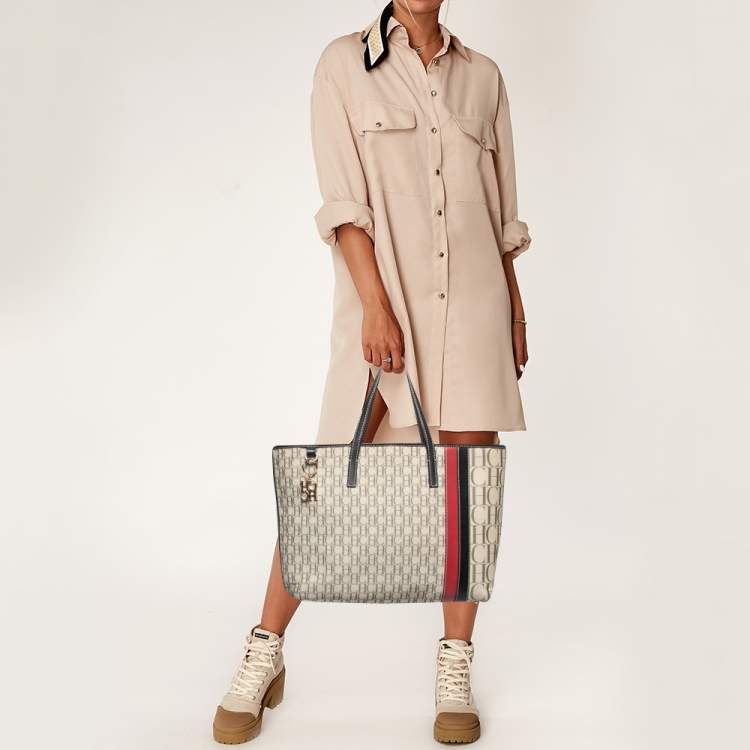 Pre Owned CH Carolina Herrera  Beige/Multicolor Canvas and Striped Leather Tote