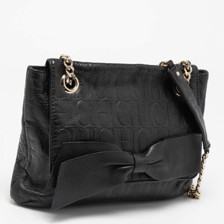 Pre Owned CH Carolina Herrera Black Leather Bow Flap Shoulder Bag
