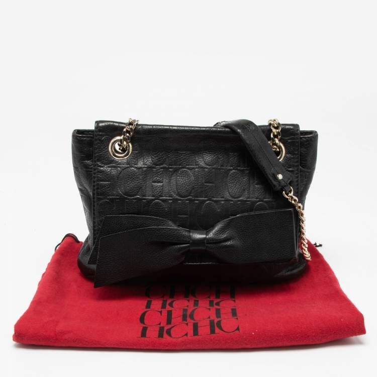 Pre Owned CH Carolina Herrera Black Leather Bow Flap Shoulder Bag