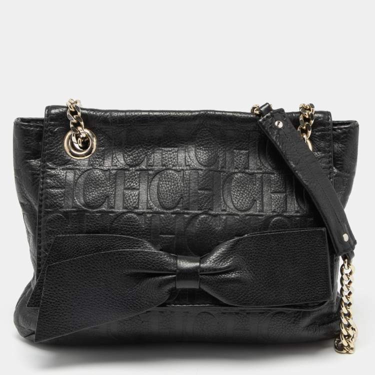 Pre Owned CH Carolina Herrera Black Leather Bow Flap Shoulder Bag