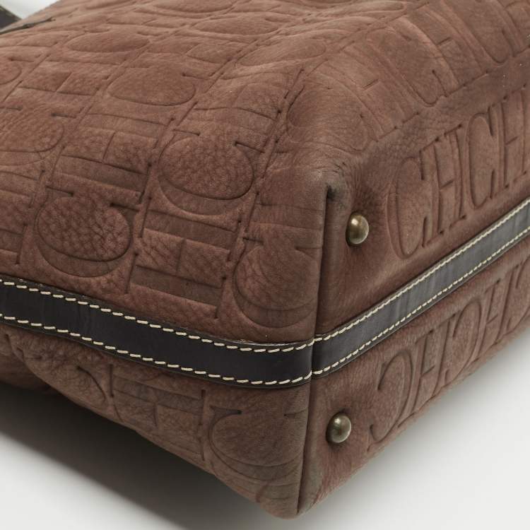 Pre Owned CH Carolina Herrera Brown/Black Monogram Embossed Nubuck and Leather Shopper Tote 