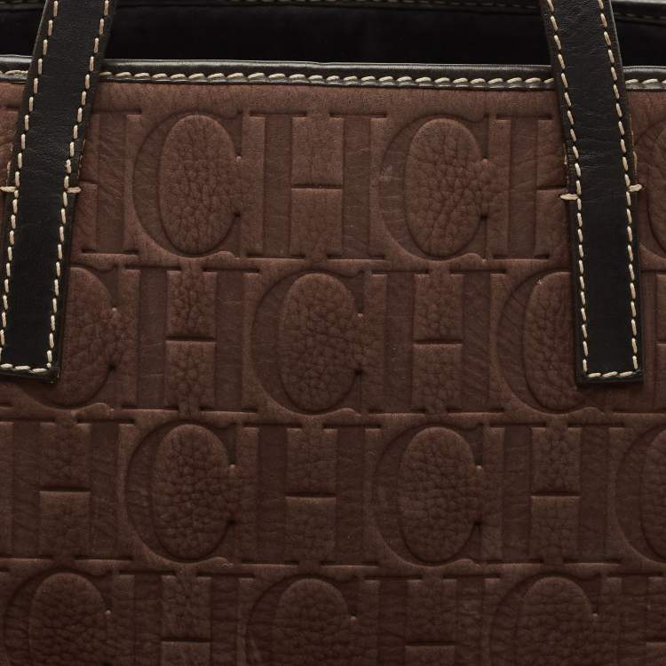 Pre Owned CH Carolina Herrera Brown/Black Monogram Embossed Nubuck and Leather Shopper Tote 