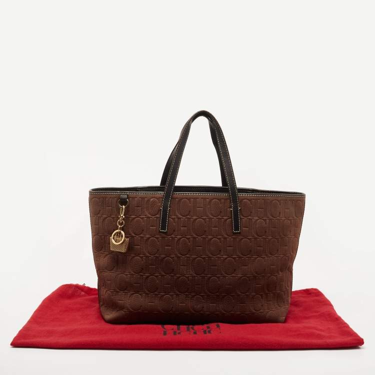 Pre Owned CH Carolina Herrera Brown/Black Monogram Embossed Nubuck and Leather Shopper Tote 