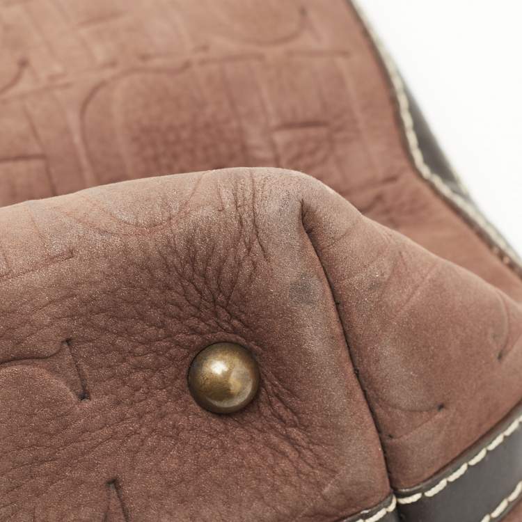 Pre Owned CH Carolina Herrera Brown/Black Monogram Embossed Nubuck and Leather Shopper Tote 