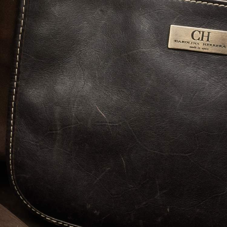 Pre Owned CH Carolina Herrera Brown/Black Monogram Embossed Nubuck and Leather Shopper Tote 