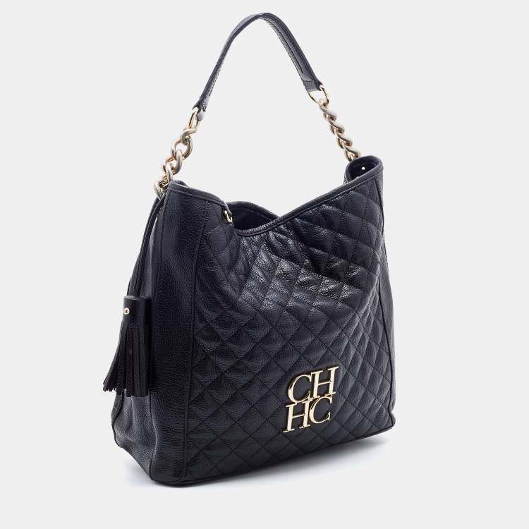 Pre Owned CH Carolina Herrera Black Quilted Leather Tassel Tote