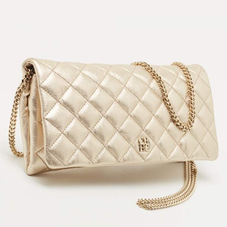 Pre Owned CH Carolina Herrera Metallic Gold Quilted Leather Flap Chain Clutch