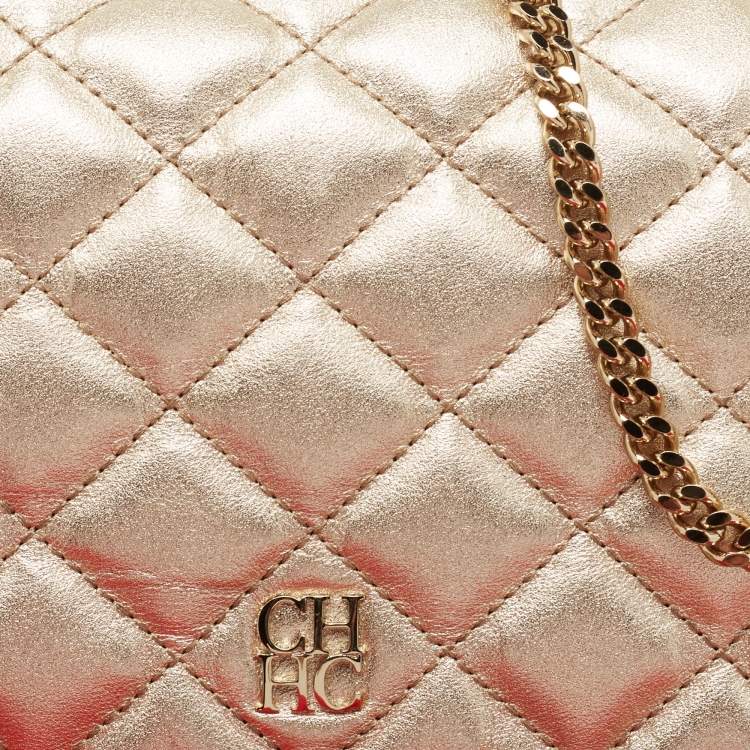 Pre Owned CH Carolina Herrera Metallic Gold Quilted Leather Flap Chain Clutch