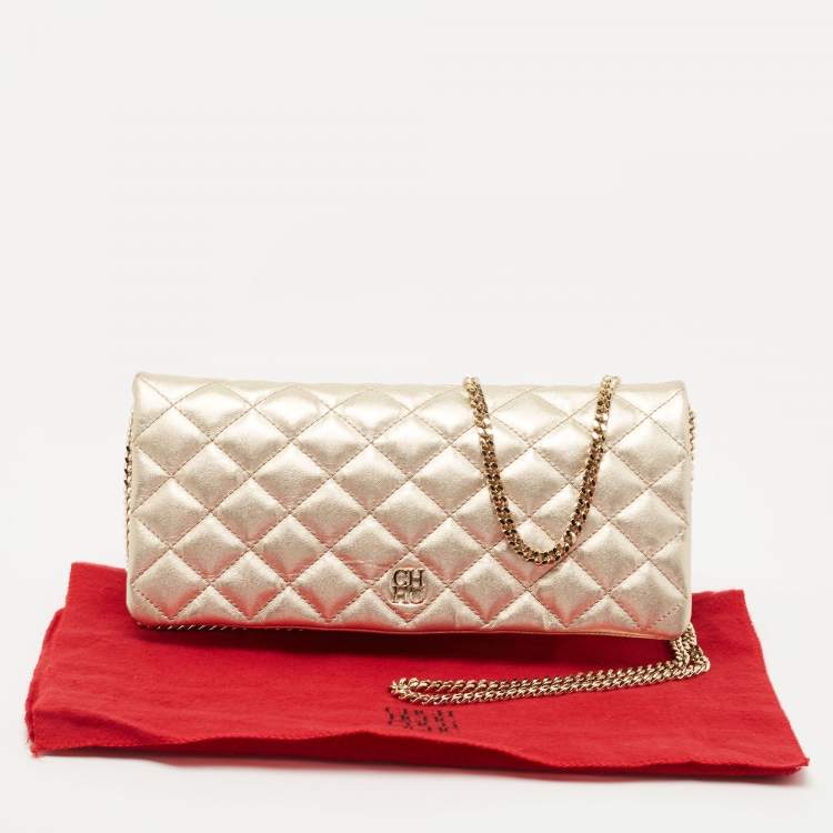 Pre Owned CH Carolina Herrera Metallic Gold Quilted Leather Flap Chain Clutch