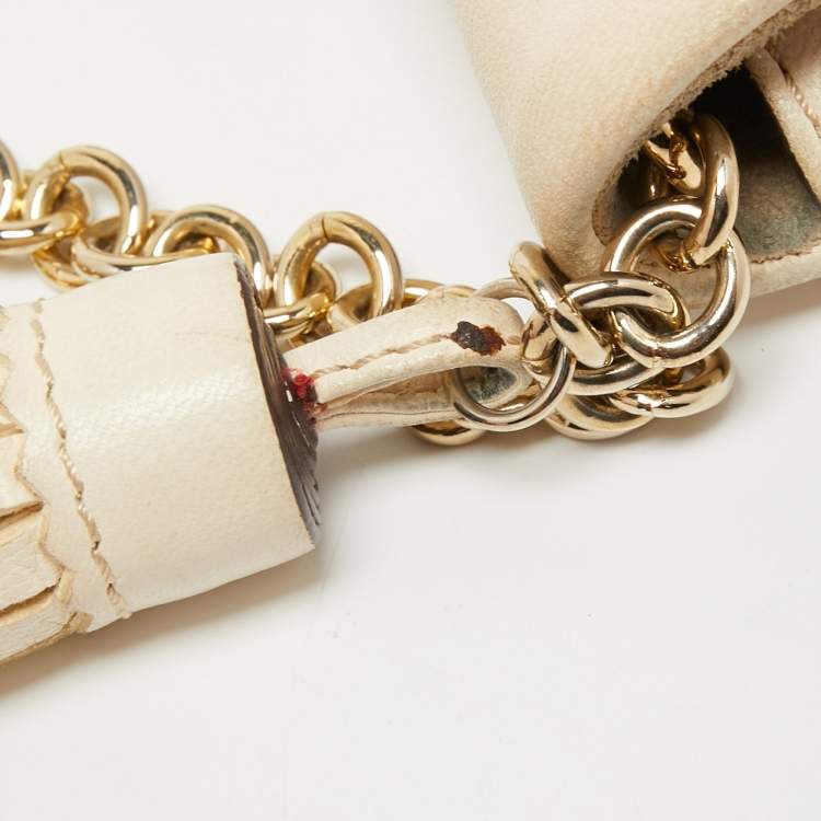 Pre Owned CH Carolina Herrera Beige Leather Tassel Chain Shoulder Bag
