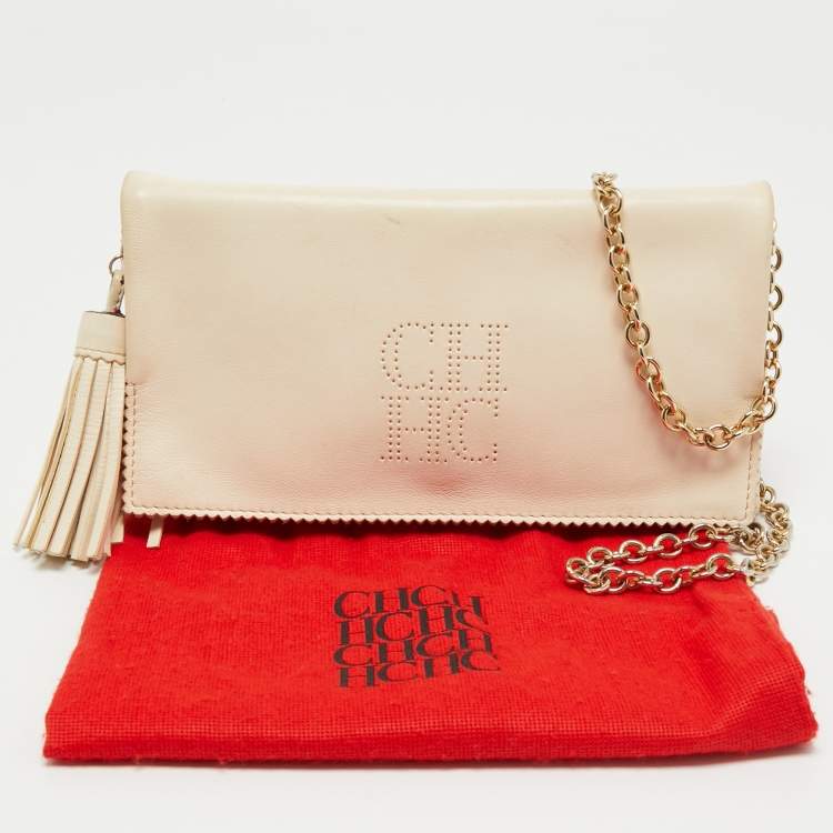 Pre Owned CH Carolina Herrera Beige Leather Tassel Chain Shoulder Bag