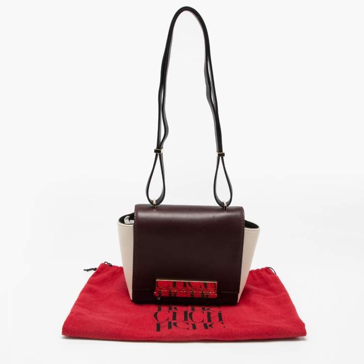 Pre Owned CH Carolina Herrera Tri Color Leather Logo Metal Flap Shoulder Bag