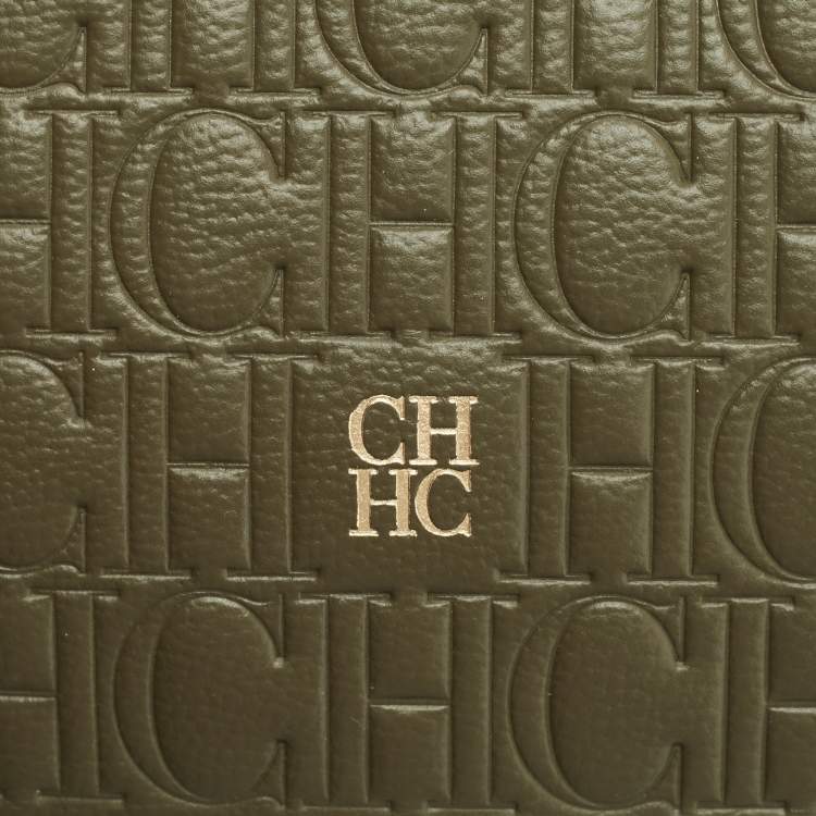 Pre Owned CH Carolina Herrera Green Monogram Leather Zip Wristlet Pouch