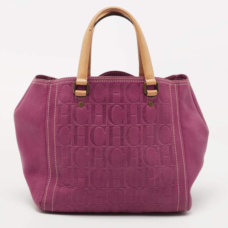Pre Owned CH Carolina Herrera Purple Monogram Embossed Leather Andy Tote