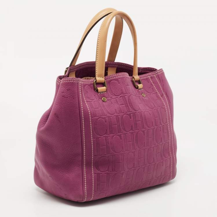 Pre Owned CH Carolina Herrera Purple Monogram Embossed Leather Andy Tote