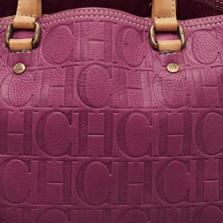 Pre Owned CH Carolina Herrera Purple Monogram Embossed Leather Andy Tote