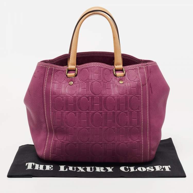 Pre Owned CH Carolina Herrera Purple Monogram Embossed Leather Andy Tote