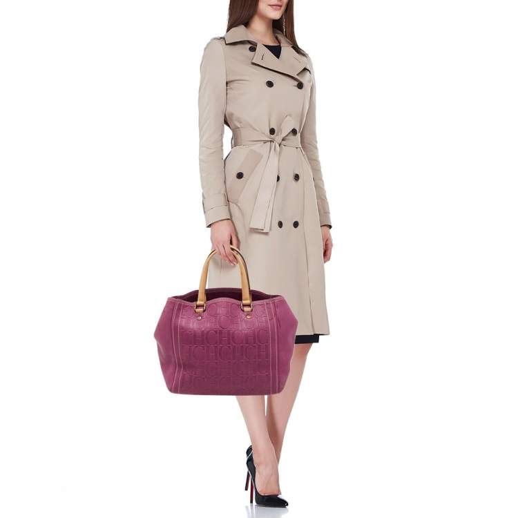 Pre Owned CH Carolina Herrera Purple Monogram Embossed Leather Andy Tote