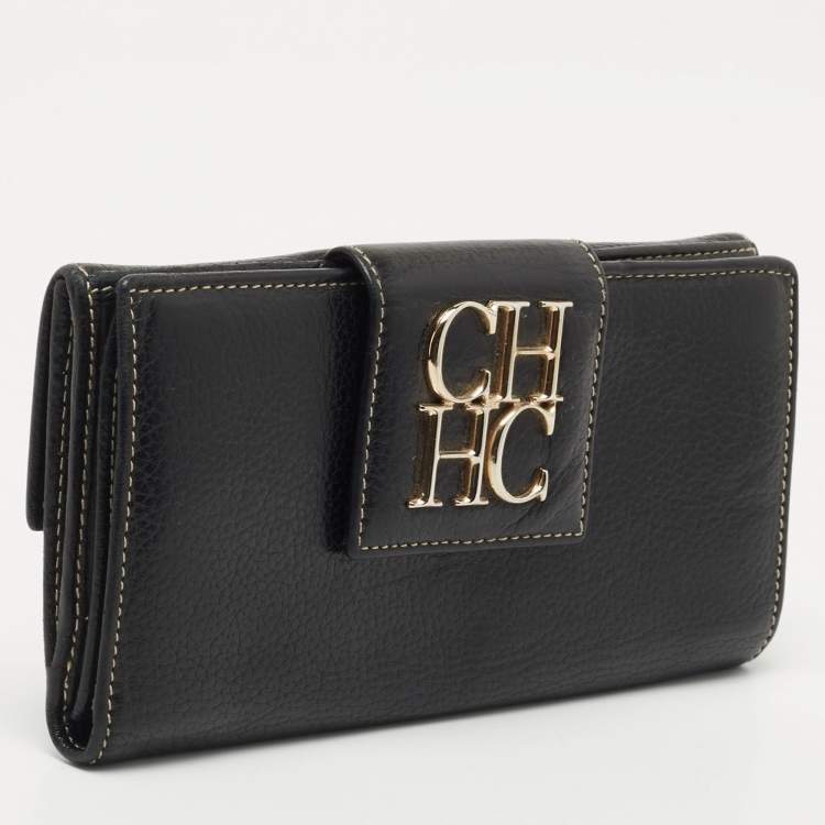 Pre Owned CH Carolina Herrera Black Leather CH Logo Continental Wallet