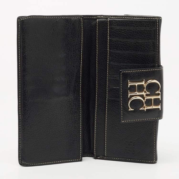 Pre Owned CH Carolina Herrera Black Leather CH Logo Continental Wallet