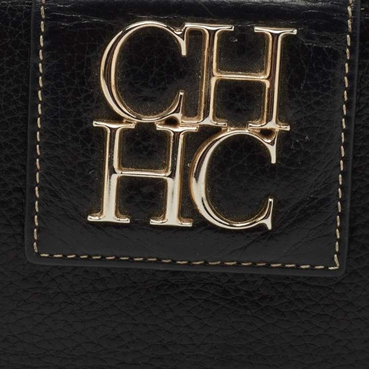 Pre Owned CH Carolina Herrera Black Leather CH Logo Continental Wallet