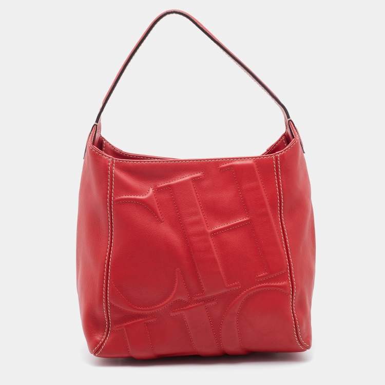 Pre Owned CH Carolina Herrera Red Leather Logo Embossed Hobo