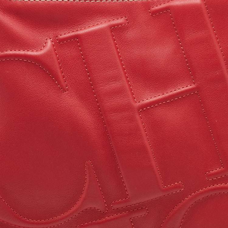 Pre Owned CH Carolina Herrera Red Leather Logo Embossed Hobo