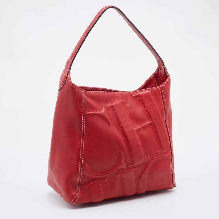 Pre Owned CH Carolina Herrera Red Leather Logo Embossed Hobo