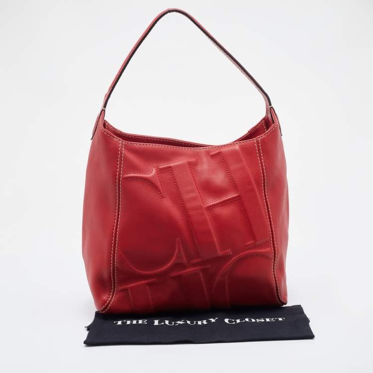 Pre Owned CH Carolina Herrera Red Leather Logo Embossed Hobo