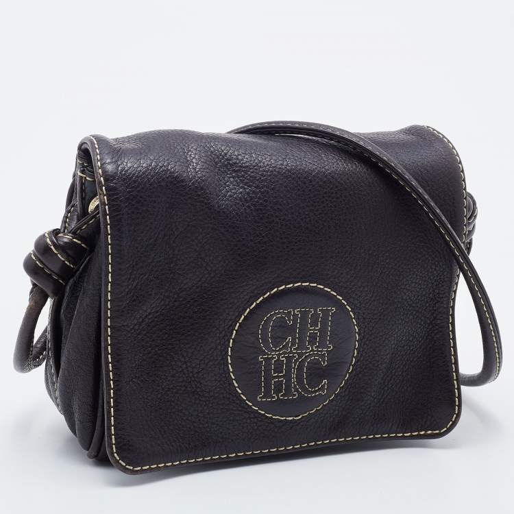 Pre Owned CH Carolina Herrera Dark Brown Leather Logo Embossed Flap Shoulder Bag