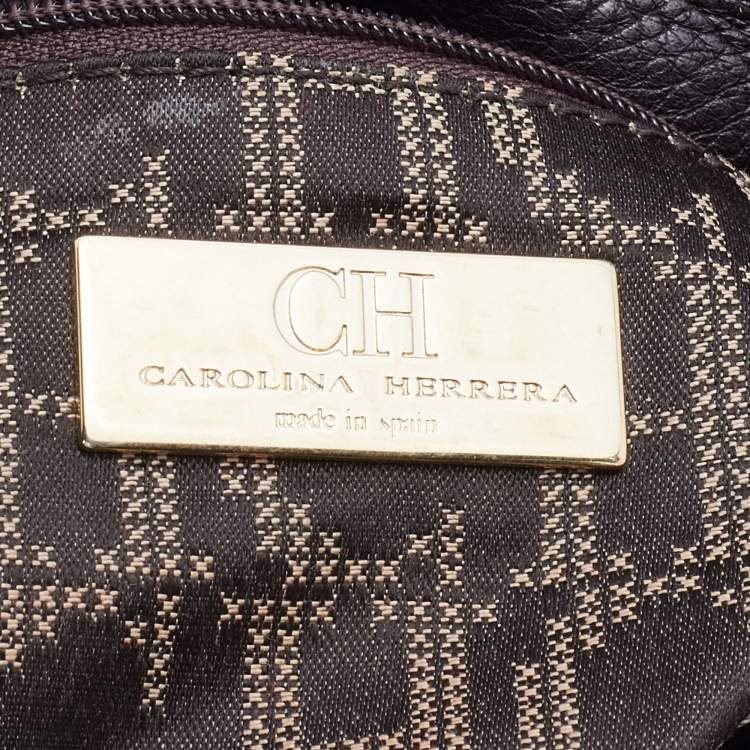 Pre Owned CH Carolina Herrera Dark Brown Leather Logo Embossed Flap Shoulder Bag