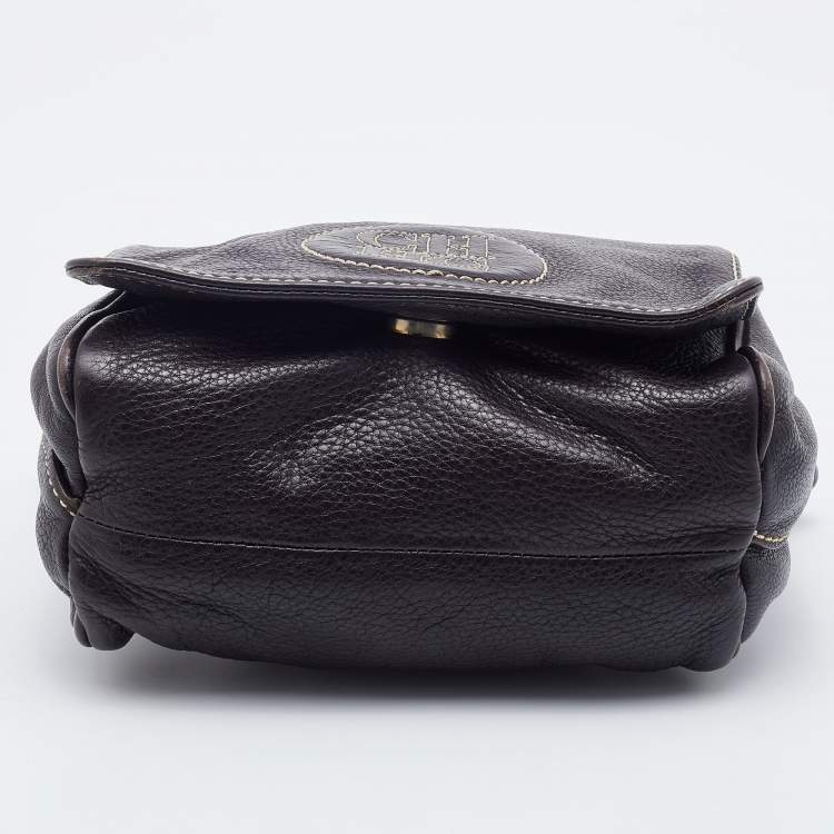 Pre Owned CH Carolina Herrera Dark Brown Leather Logo Embossed Flap Shoulder Bag