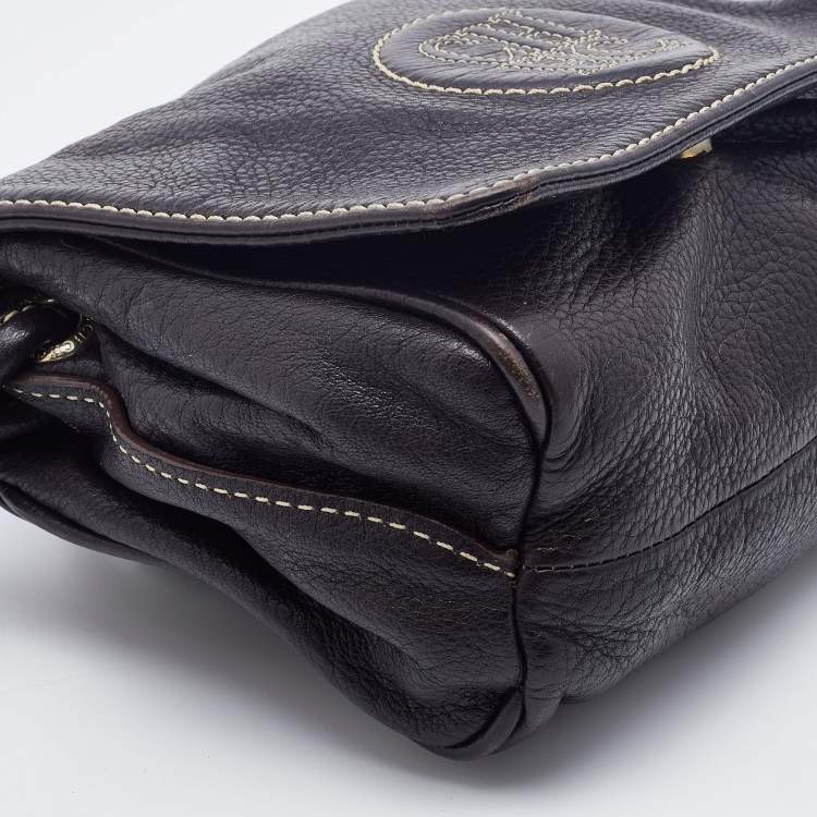 Pre Owned CH Carolina Herrera Dark Brown Leather Logo Embossed Flap Shoulder Bag