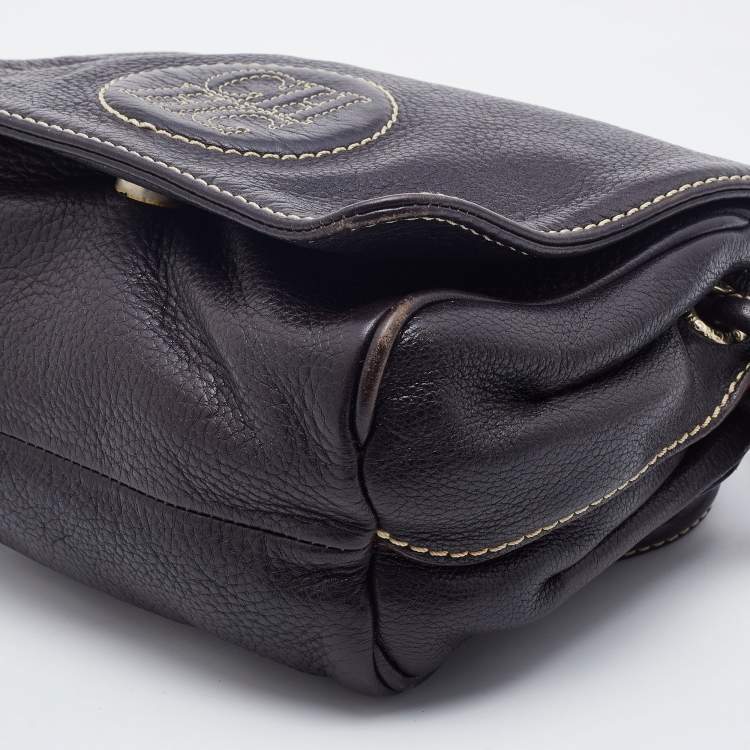 Pre Owned CH Carolina Herrera Dark Brown Leather Logo Embossed Flap Shoulder Bag