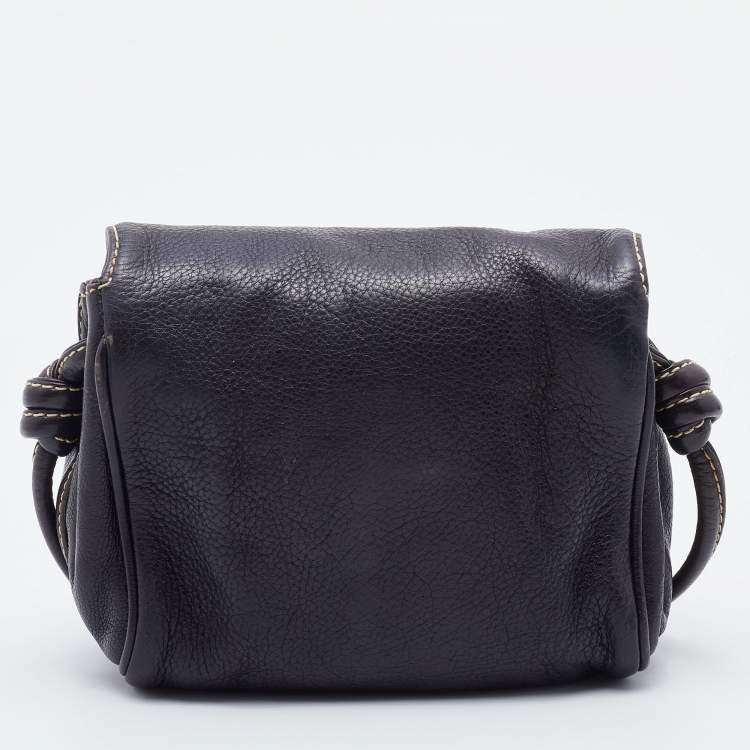 Pre Owned CH Carolina Herrera Dark Brown Leather Logo Embossed Flap Shoulder Bag