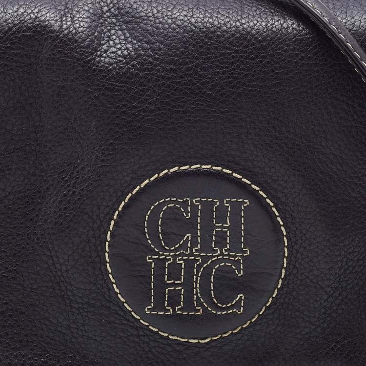 Pre Owned CH Carolina Herrera Dark Brown Leather Logo Embossed Flap Shoulder Bag