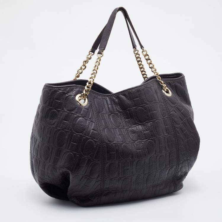 Pre Owned CH Carolina Herrera Dark Brown Monogram Embossed Leather Tote
