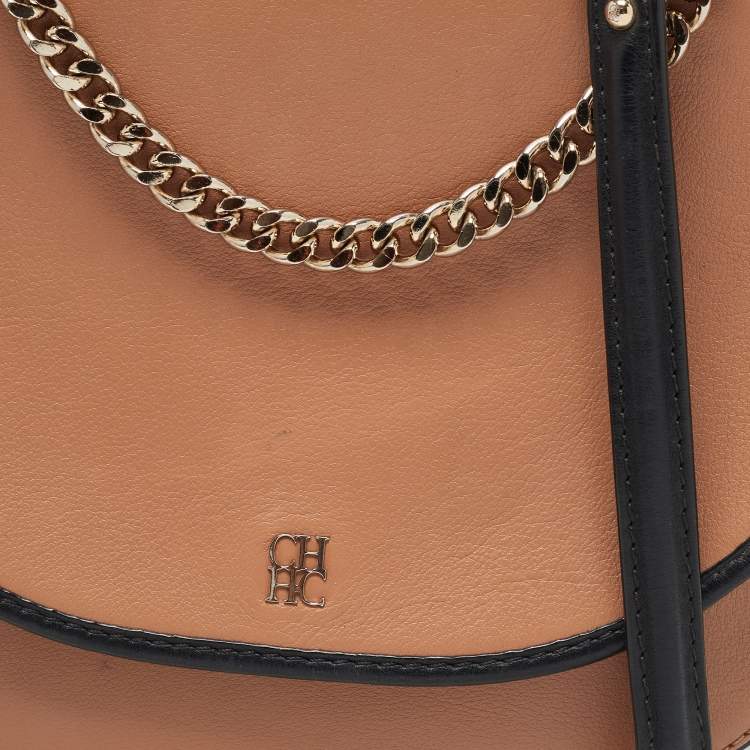 Pre Owned CH Carolina Herrera Brown/Black Leather Flap Chain Shoulder Bag