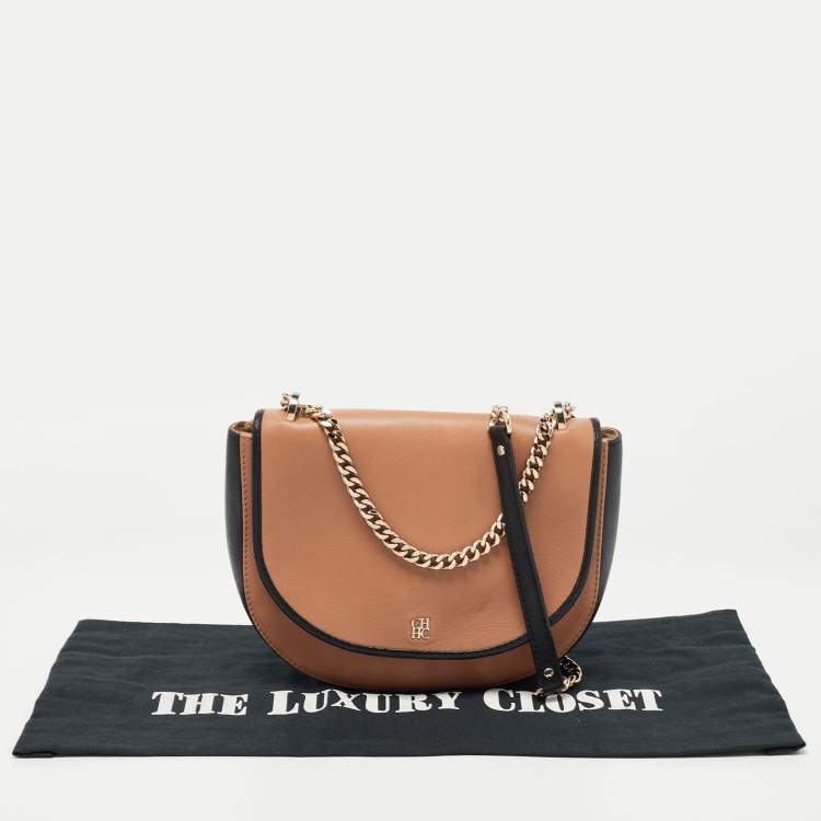 Pre Owned CH Carolina Herrera Brown/Black Leather Flap Chain Shoulder Bag